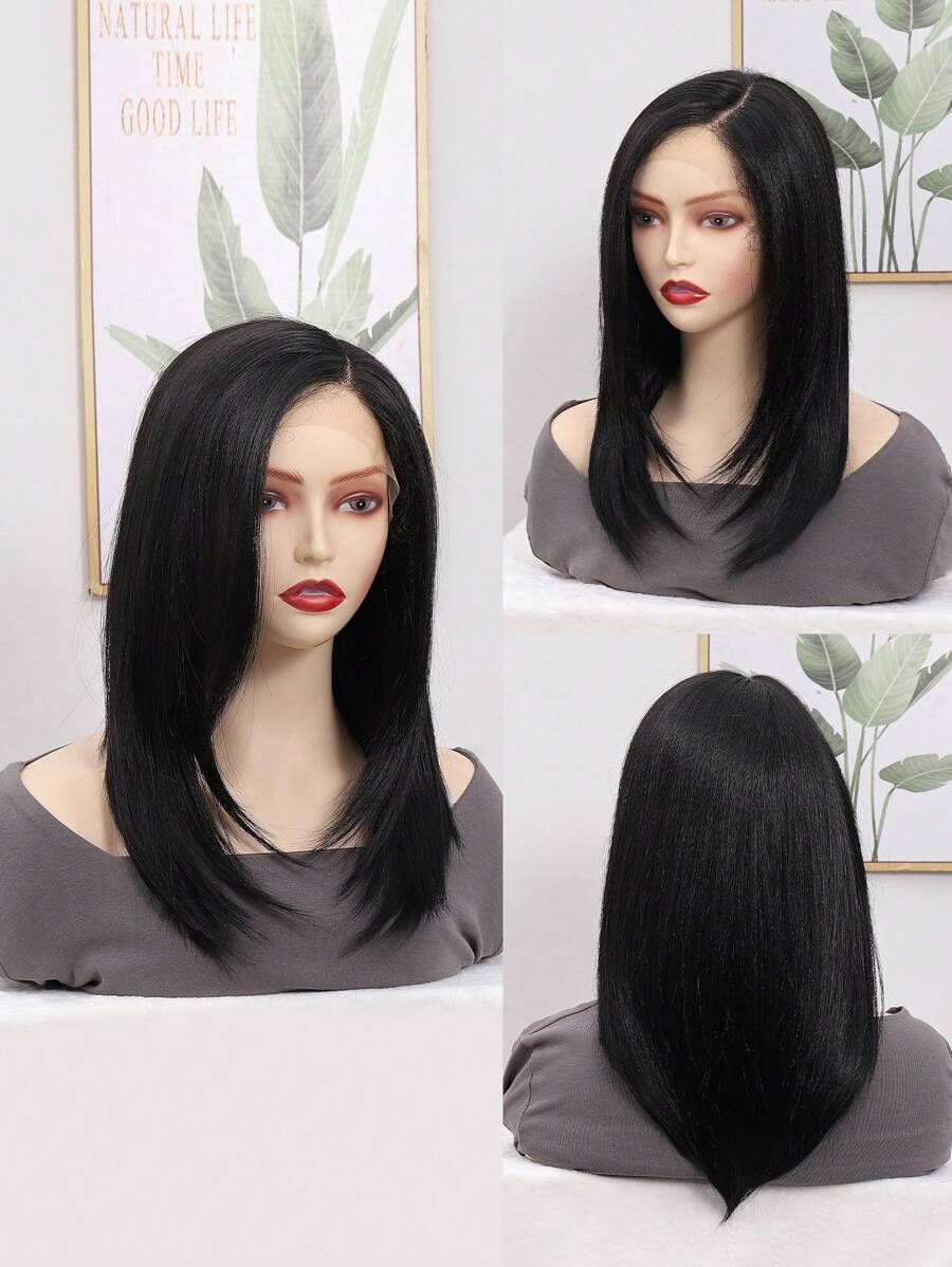 女性用天然髮線c型透明蕾絲前鬢假髮,防高溫合成髮,蕾絲底部透明 - 黑色 - 查看 1