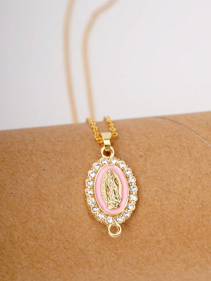1pc Sparkling Rhinestones Virgin Mary Pink Pendant Necklaces Decor,for Women Pink Chokers Christian Jewelry
