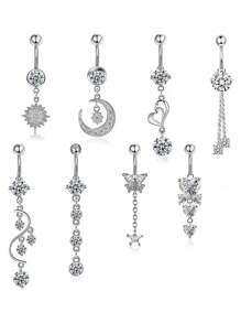 8-teiliges Set mit stilvollen 14G Silber Bauchnabelringen mit baumelnden Charms, 316L Chirurgenstahl und kubischem Zirkonia Nabelpiercing, modischer Körperschmuck für Frauen und Mädchen