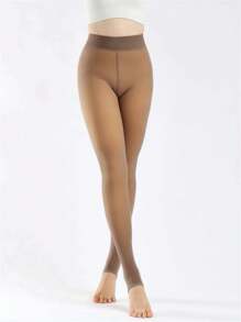 1双200克保暖内衬紧身裤，大码女式保暖连裤袜，高腰打底裤，冬季穿着 - 棕色 - 查看 2