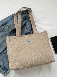 復古燈芯絨托特包,大容量單肩包,簡約風手提包適用於學校,工作,旅行,購物 - 卡其色 - 查看 4