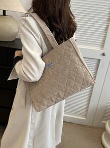 復古燈芯絨托特包,大容量單肩包,簡約風手提包適用於學校,工作,旅行,購物 - 卡其色 - 查看 3
