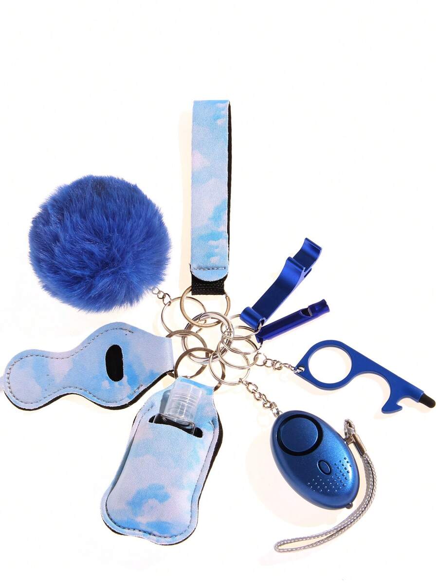9 件套蓝色安全防卫配件，包括个人报警器钥匙扣、包包饰物钥匙扣、毛绒球钥匙扣和腕带钥匙扣、包包配件礼物、礼品配件装饰，适合青少年女孩、女士、大学生、新秀和白领人士，钥匙扣饰物、汽车配件别针 - 寶藍色 - 查看 1