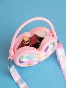 1pc Colorful Plaid Silicone Zippered Cute Handbag For Girls, Suitable For Everyday Use In All Seasons - Pink - View 4