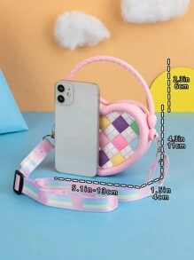 1pc Colorful Plaid Silicone Zippered Cute Handbag For Girls, Suitable For Everyday Use In All Seasons - Pink - View 2