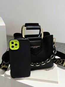 高端优雅迷你手提包时尚宽肩带斜挎包女士新款设计水桶手提单肩包，带钱包 - 黑色 - 查看 5