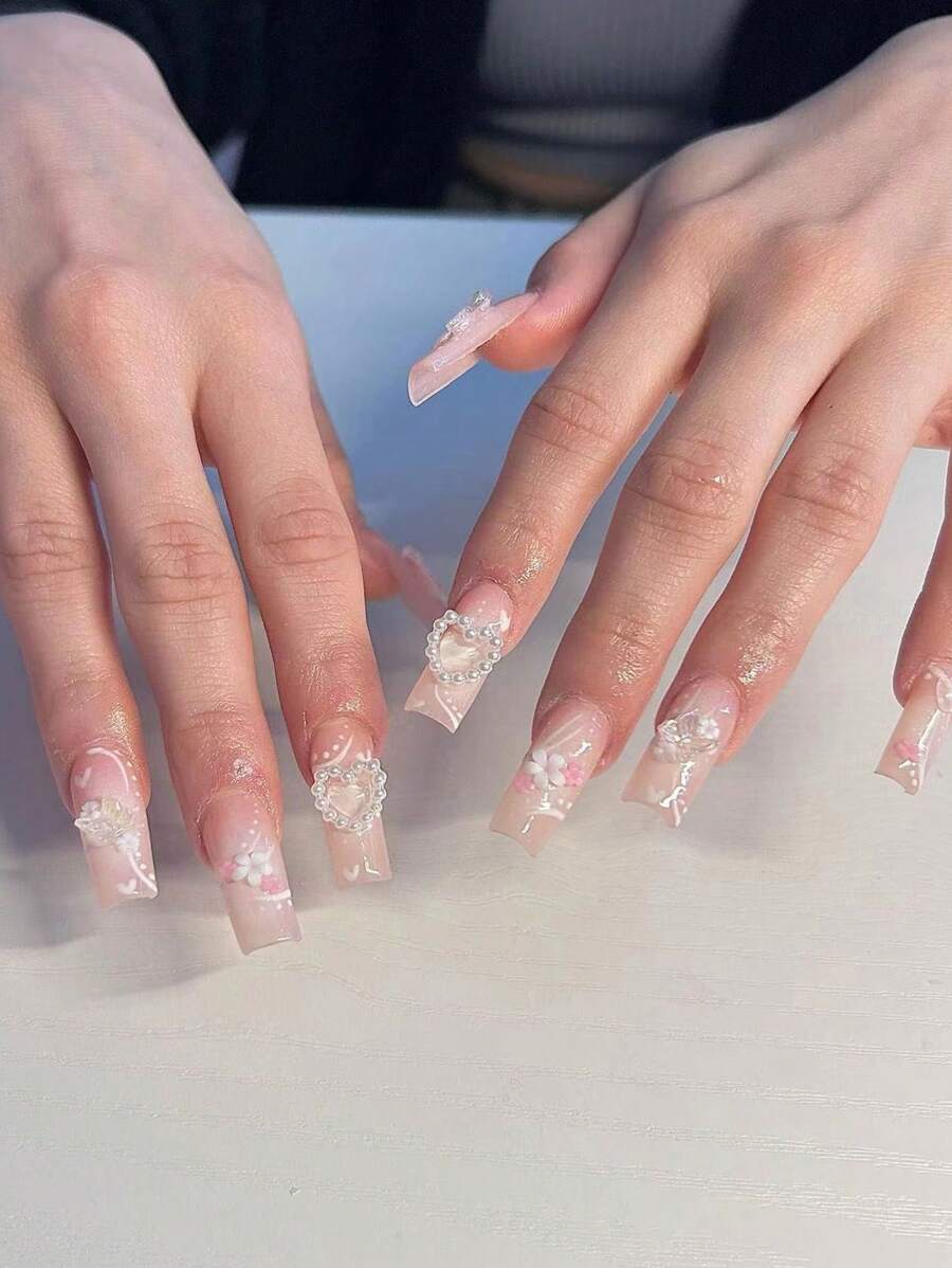 24pcs/Set Coffin Shape & Heart Decor 3d False Nails With 1pc Nail File And 1pc Jelly Glue Press On Nails Nail Supplies - Multicolor - View 1