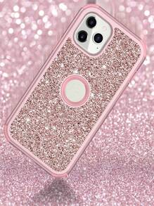 Sequins Pink 360 Degree Full Coverage Three-Proof Flash Powder Hollow Out Phone Case Compatible With Apple - Rose Gold - View 4