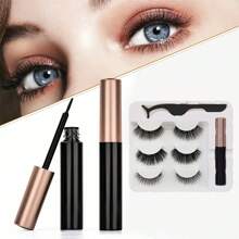 3對可重複使用的磁鐵3d假睫毛和眼線套裝,附有鑷子和眼線筆 - 打造完美妝容 - 黑色 - 查看 1