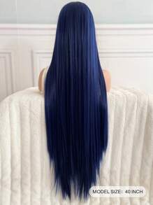A woman's Navy blue super long 40Inch synthetic wig with long straight hair with no bangs in the middle is suitable for Halloween party cosplay - Navy Blue - View 3