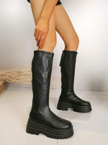 Women's Wedge Heel Thick Sole & Warmth Pu Leather Boots With Back Zipper, Round Toe, Casual High Top, Over The Knee, Fashion All Match, Women's Pu Leather Shoes - Black - View 7