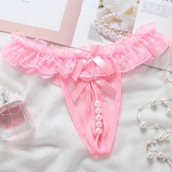 性感開襠蕾絲&珍珠G型丁字褲,透明&至珍珠後內褲,熱的情色內衣