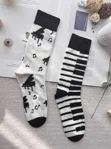 1 Par Calcetines Ab Con Contraste De Colores Asimétricos Creativos Con Impresión De Notas De Piano Y Gato Para Hombres, Diseño De Media Pantorrilla De Estilo Europeo Y Americano