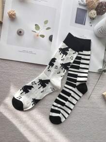 1 Par Calcetines Ab Con Contraste De Colores Asimétricos Creativos Con Impresión De Notas De Piano Y Gato Para Hombres, Diseño De Media Pantorrilla De Estilo Europeo Y Americano