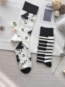 1 Par Calcetines Ab Con Contraste De Colores Asimétricos Creativos Con Impresión De Notas De Piano Y Gato Para Hombres, Diseño De Media Pantorrilla De Estilo Europeo Y Americano