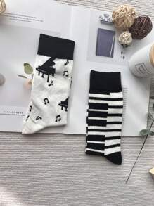 1 Par Calcetines Ab Con Contraste De Colores Asimétricos Creativos Con Impresión De Notas De Piano Y Gato Para Hombres, Diseño De Media Pantorrilla De Estilo Europeo Y Americano