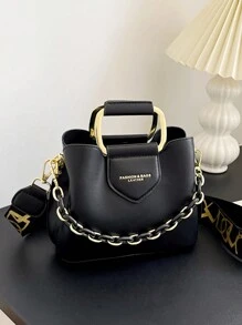 高端优雅迷你手提包时尚宽肩带斜挎包女士新款设计水桶手提单肩包，带钱包 - 黑色 - 查看 9