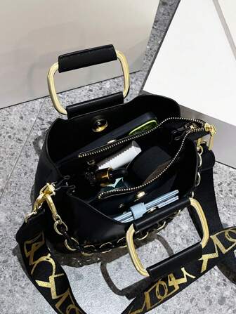 High-End Elegant Mini Handbag Wide Strap Crossbody Bag Women New Design Bucket Tote Shoulder Bag, With Wallet