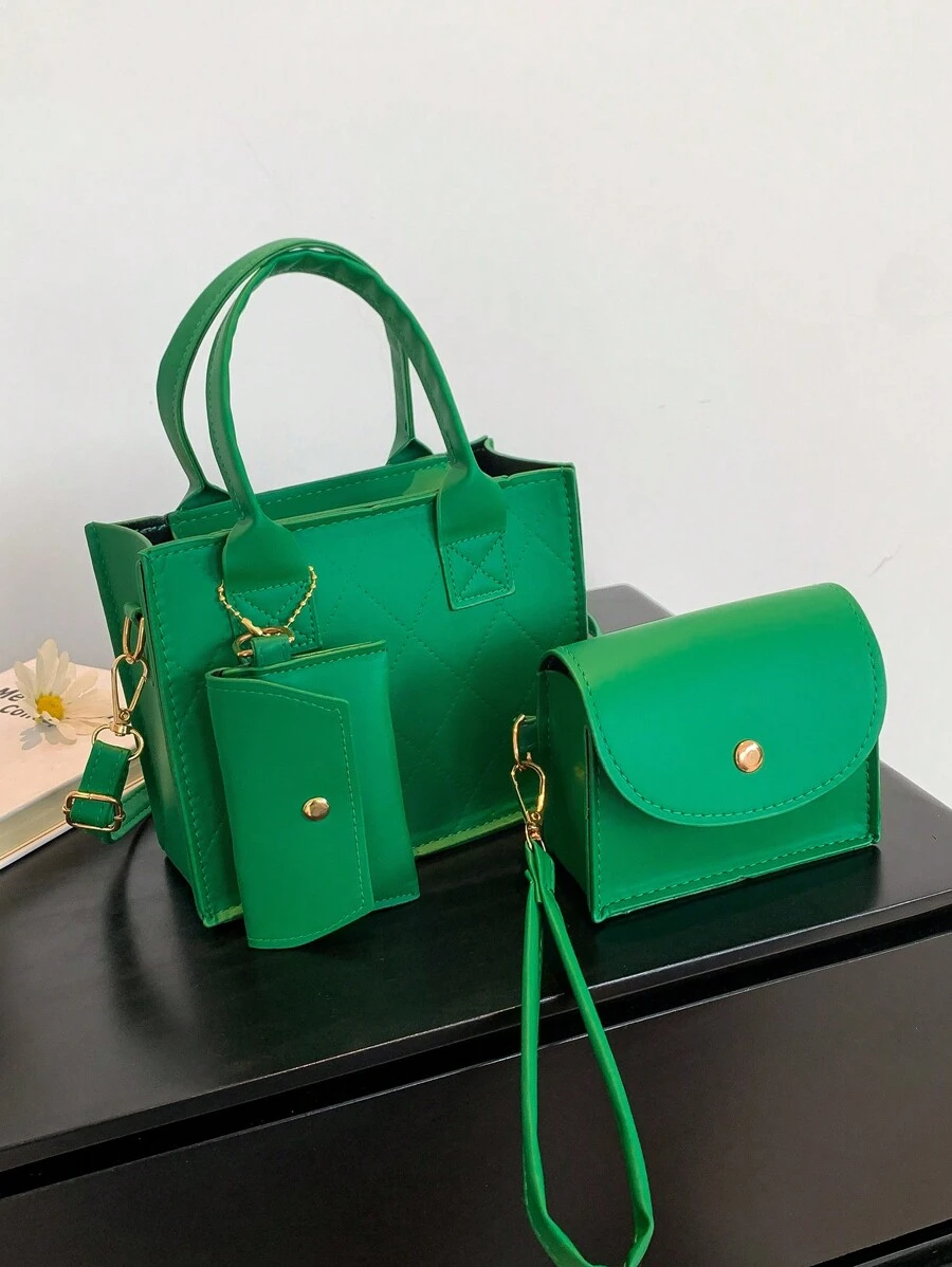 件/套純色 PU 皮革女士手提包配配套零錢袋和口紅袋 - 綠色 - 查看 1