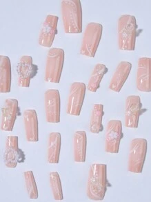 24pcs/Set Coffin Shape & Heart Decor 3d False Nails With 1pc Nail File And 1pc Jelly Glue Press On Nails Nail Supplies - Multicolor - View 3