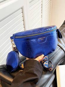 時尚胸斜挎包,亮色拉鍊,可調節肩帶,大容量,簡約多功能設計 - 寶藍色 - 查看 2