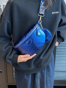 時尚胸斜挎包,亮色拉鍊,可調節肩帶,大容量,簡約多功能設計 - 寶藍色 - 查看 5