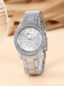 1pc Women's Fashionable Stainless Steel Rhinestone Watch And 5pcs Rhinestone Jewelry Set Gift Holiday As A Gift For Students Returning To School - Silver - View 5