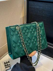 Fashion Embroidery Geometric Pattern Pressed Chain Shoulder Bag With Zipper Closure, Large Capacity - Green - View 3