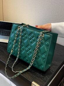 Fashion Embroidery Geometric Pattern Pressed Chain Shoulder Bag With Zipper Closure, Large Capacity - Green - View 6