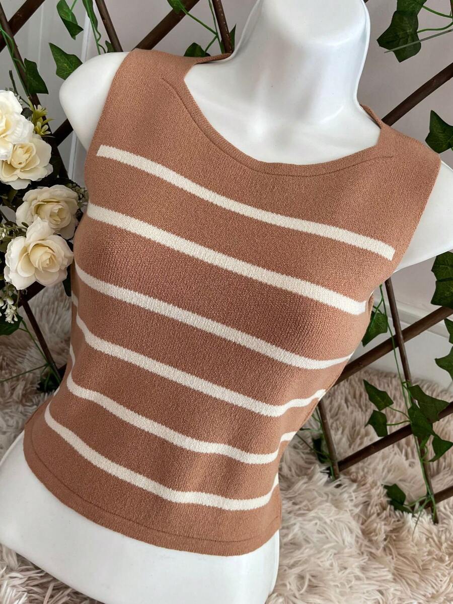 Regata feminina listrado tricot de modal - Caqui - Visão 1