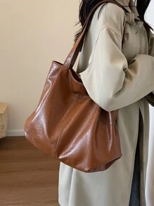 Bolsa Grande Vintage Para Mujeres Con Capacidad Sólida De Un Solo Color - Café integral - Ver 2