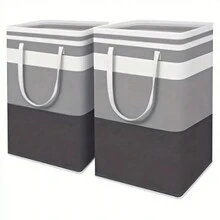 Foldable Fabric Laundry Hamper With Dust Cover, Waterproof Coating And Standing Collapsible Clothes Basket For Storage - gray white black stripes - View 6