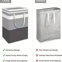Foldable Fabric Laundry Hamper With Dust Cover, Waterproof Coating And Standing Collapsible Clothes Basket For Storage - gray white black stripes - View 1