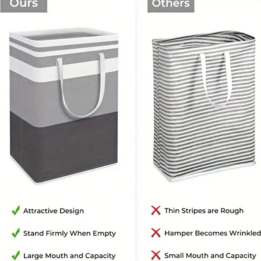 Foldable Fabric Laundry Hamper With Dust Cover, Waterproof Coating And Standing Collapsible Clothes Basket For Storage - gray white black stripes - View 1