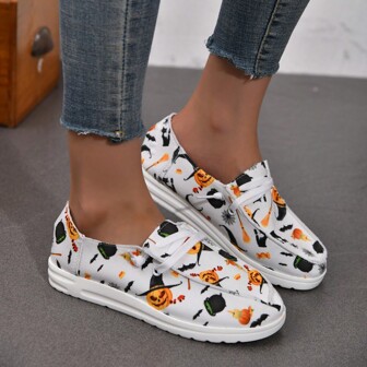 Women's Canvas Shoes, Pumpkin & Ghost Printed, European & American Style, Low Heel, Casual, Popular, Lace-Up, Shoes