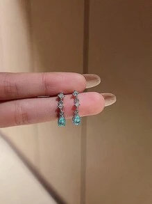 水鑽水滴形耳墜 - 銀色 - 查看 2