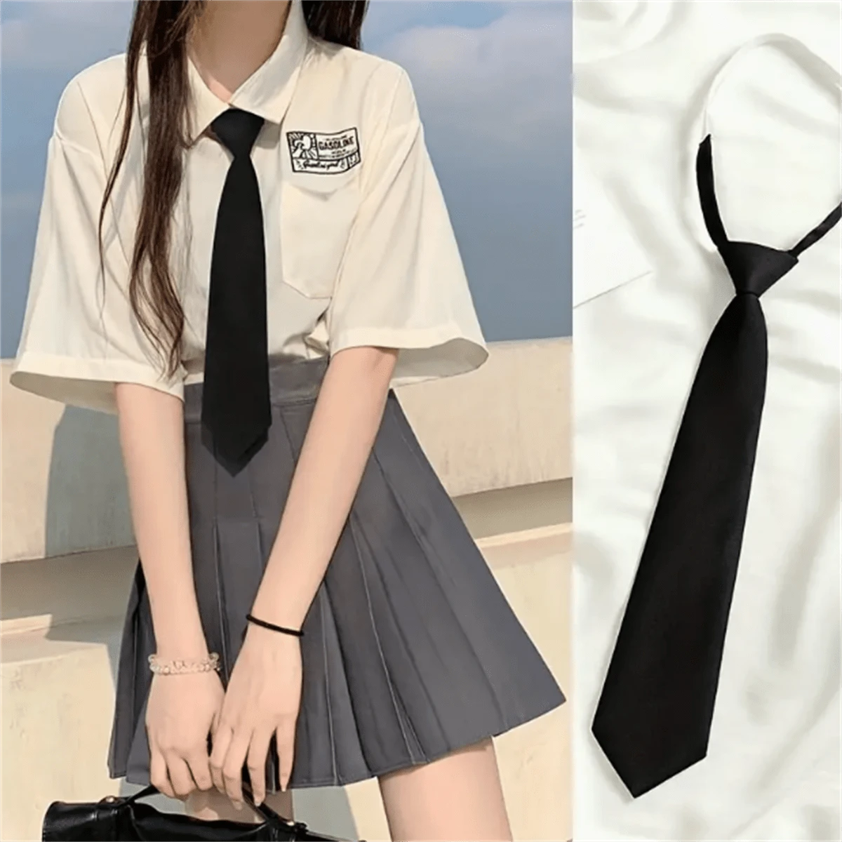 1 chiếc cà vạt đen dễ thương kiểu đồng phục học sinh JK, cà vạt cổ đa năng cho áo sơ mi, cà vạt có thể tháo rời dùng cho trang phục thường ngày, phụ kiện cổ áo, lễ hội, du lịch. - màu đen - Xem 1