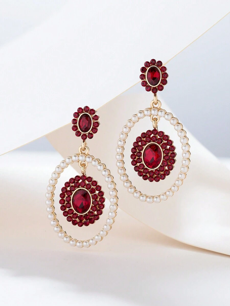 1對鍍金閃亮鑽石和珍珠波西米亞風格女士耳環,時尚多變的珠寶,適合閃亮的約會禮物 - 紅色 - 查看 1
