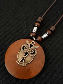 木質吊墜項鍊帶葉子/貓頭鷹/大像等形狀吊墜長 Pu 皮革鏈條毛衣項鍊女式女孩 - 圓樹 - 查看 2