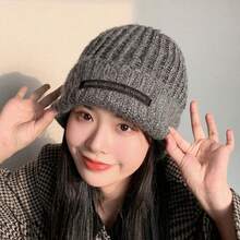 1個大頭圍灰色針織帽,女性用柔軟厚實的冬季帽,適用於秋冬季節 - 灰色 - 查看 3