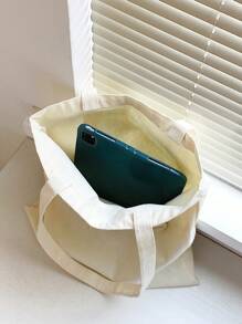 1pc Beige Canvas Tote Bag With Sunglasses Wearing Kitten Pattern