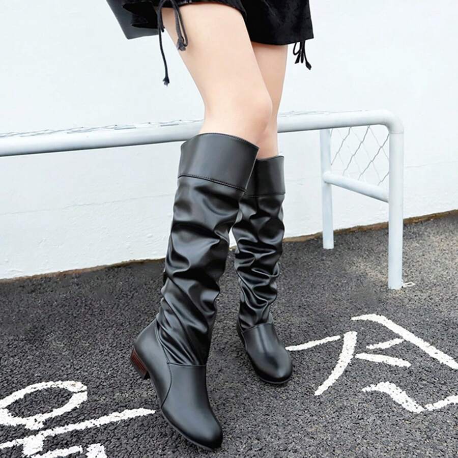Women's Popular Round Toe Low Heel Pu Leather Knee High Boots, Riding Boots - Black - View 1