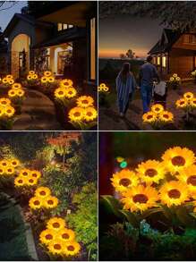 1入組/3頭LED太陽花式太陽能燈，適用於花園草坪庭院，景觀燈，家居裝飾花燈，室外燈，花園燈 - 黃色 - 查看 8