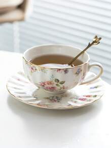 1杯1匙1盤150毫升白瓷低足碟杯,手繪金邊印有小藍粉花,適用於早午茶時間 - 白色 - 查看 3