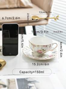 1杯1匙1盤150毫升白瓷低足碟杯,手繪金邊印有小藍粉花,適用於早午茶時間 - 白色 - 查看 9