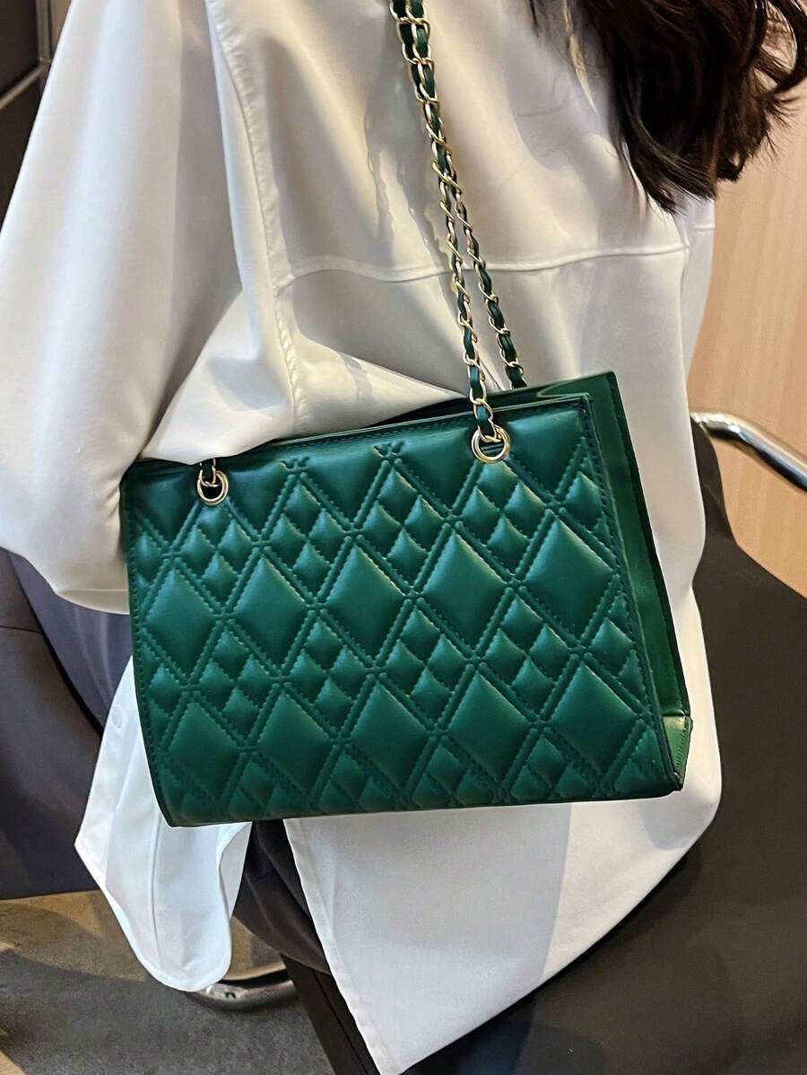 Fashion Embroidery Geometric Pattern Pressed Chain Shoulder Bag With Zipper Closure, Large Capacity - Green - View 1