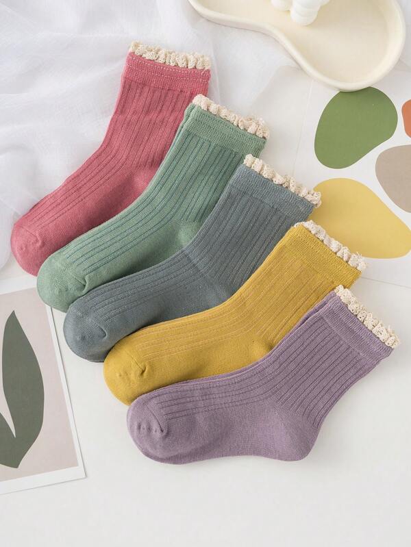 5pairs Girls' Candy-colored Lace Trim Stylish Everyday Mid-calf Socks