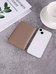 1 pieza Cartera corta de PU en color caqui con diseño sencillo, cierre con cremallera, gran capacidad y múltiples ranuras para tarjetas, regalo para maestros, casual de negocios para mujer, mini cartera, monedero, cartera para tarjetas - Caqui - Ver 5