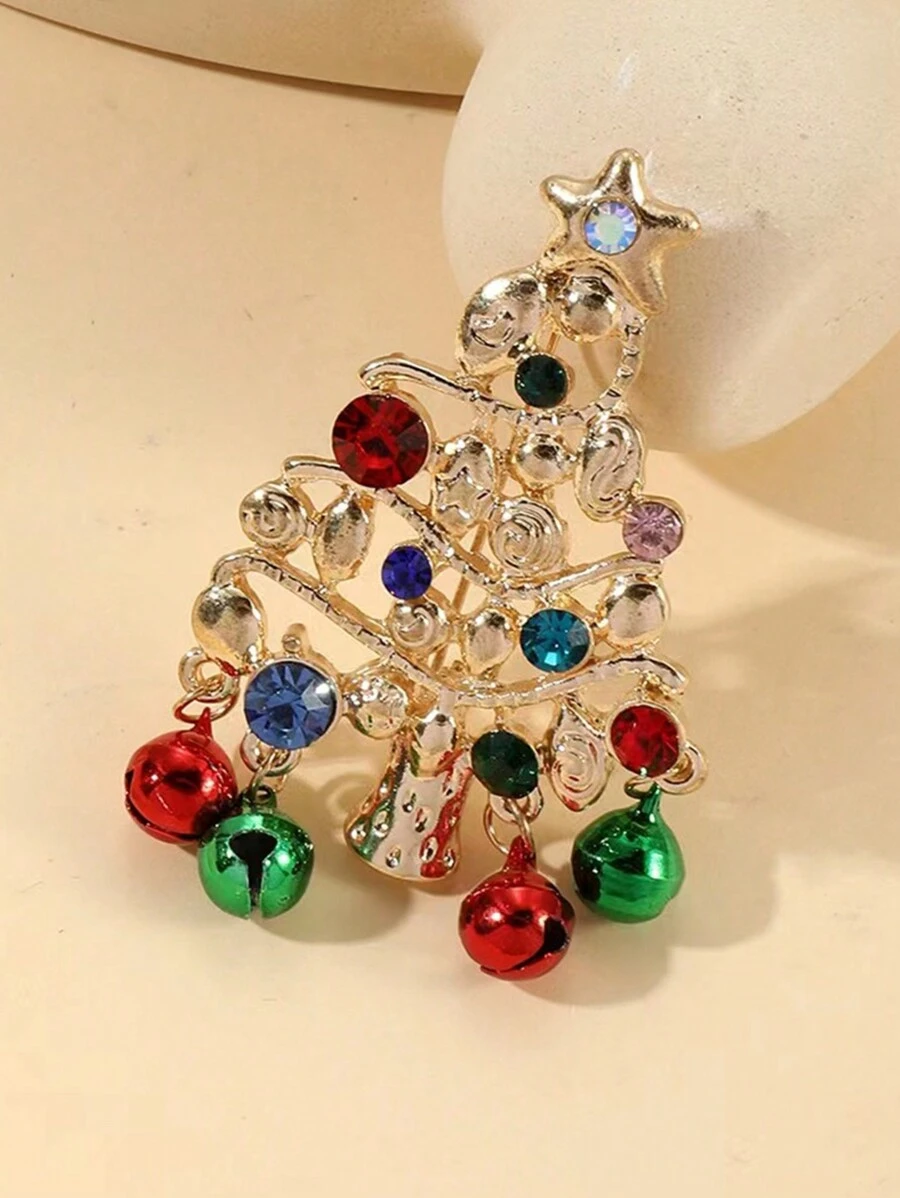 1 件女式時尚聖誕新品五點星、鈴鐺和萊茵石裝飾聖誕樹形胸針,適合節日禮物 - 彩色 - 查看 1