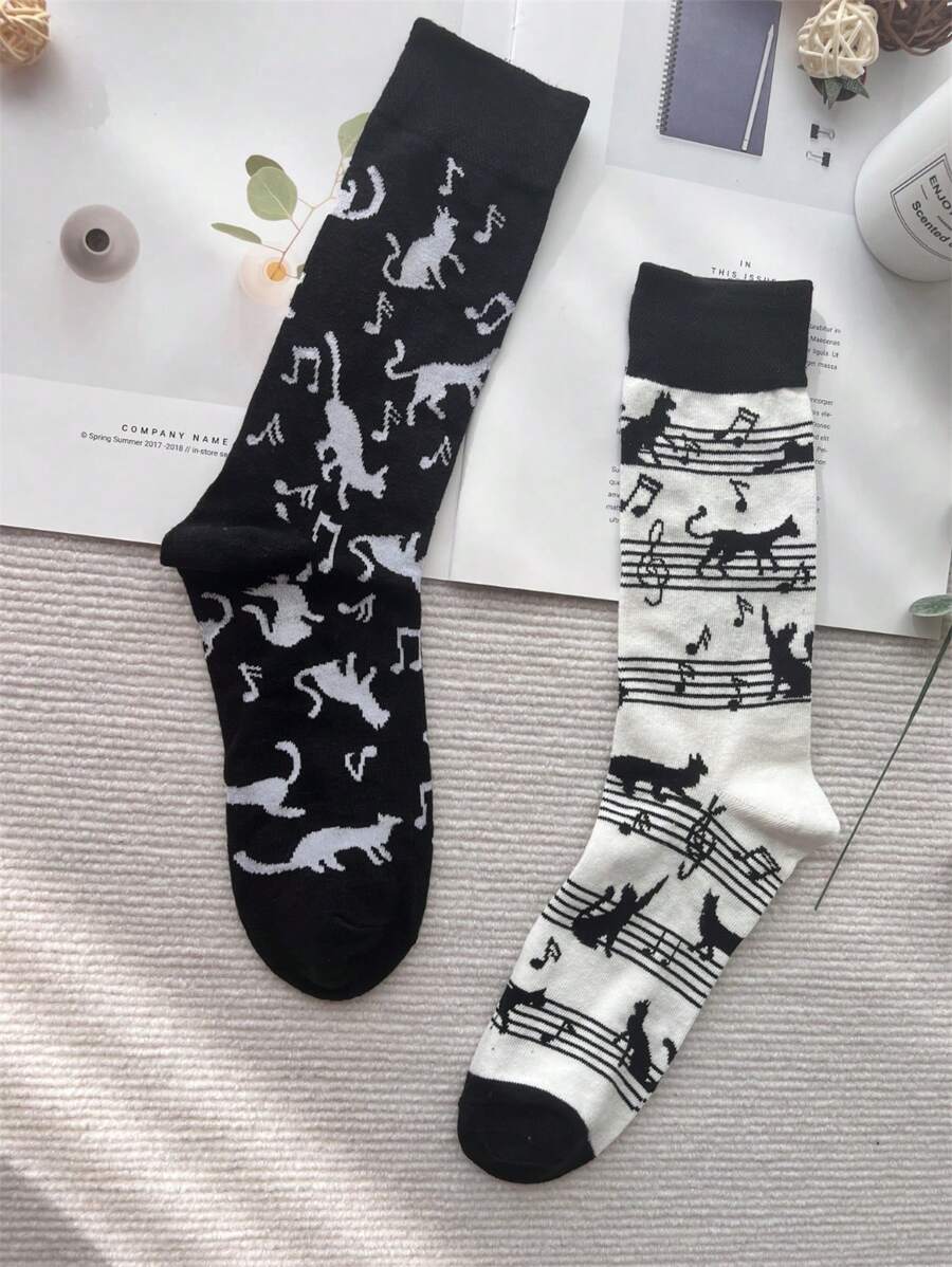 1 Paar Asymmetrische Ab Farbe Blockierende Socken Für Männer, Kreativer Europäischer Und Amerikanischer Stil Mit Noten Von Klavier Und Cat-druck